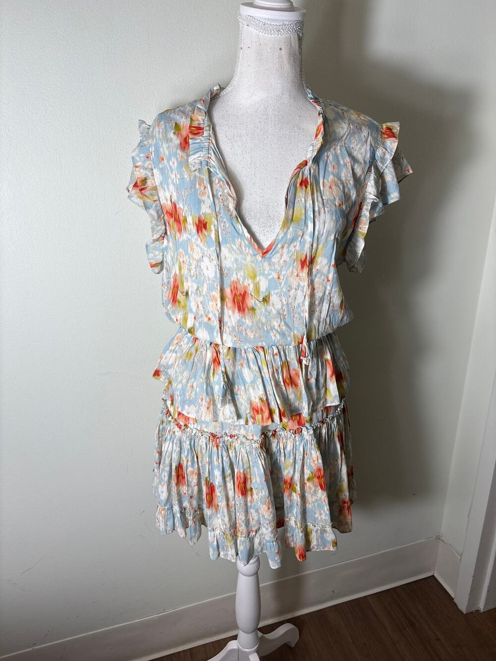 Misa Pastel Ruffle Tiered Fluttere Sleeve Mini Dress Sz S